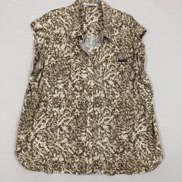 Calvin Klein Brown Tan Abstract Sleeveless Ultra Soft Lyocell Button Down 2X - Picture 1 of 8